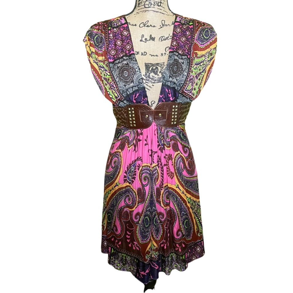 Sky Brand Silk Deep V-Neck Dress Pink Paisley Leather Belt L